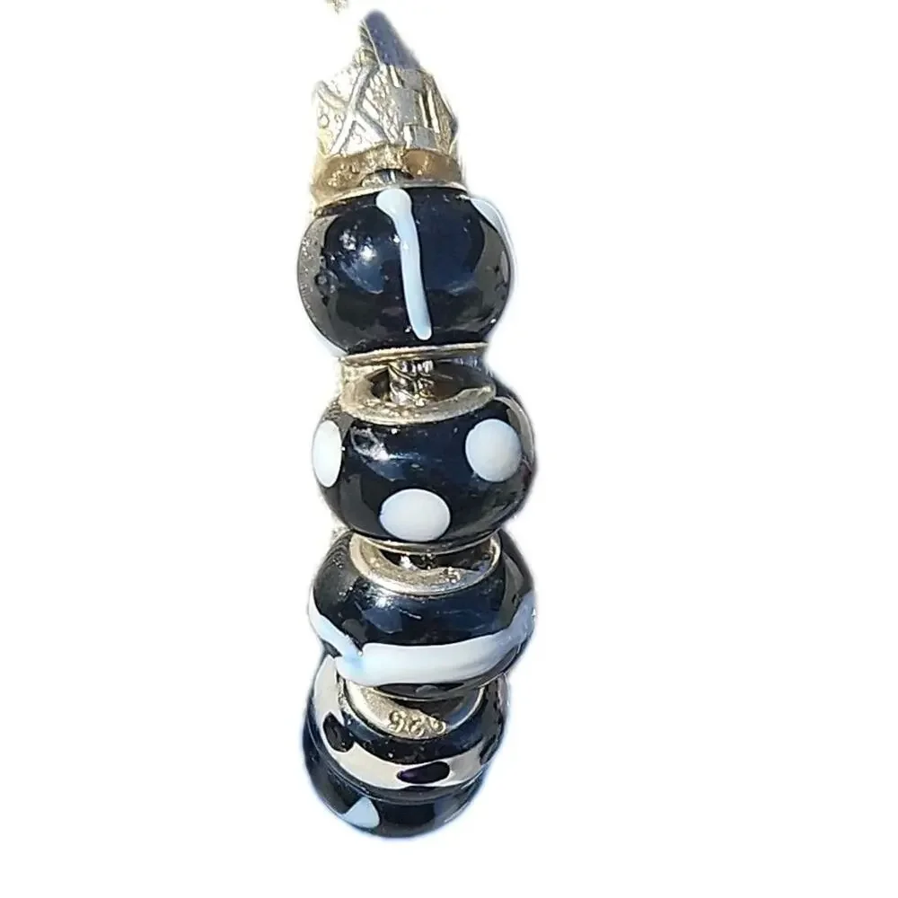 925 Silver Beaded Snake Chain Bracelet Black and White Glass